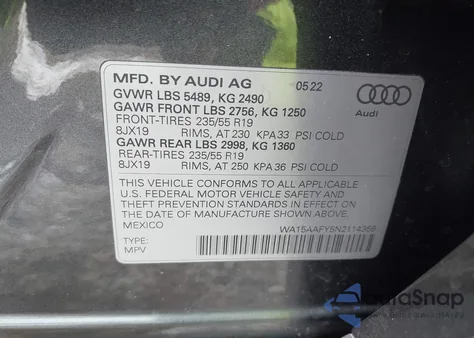 2022 Audi Q5 Sportback Premium Plus 45 Tfsi S Line Quattro S Tronic from USA, damaged, VIN WA15AAFY5N2114359
